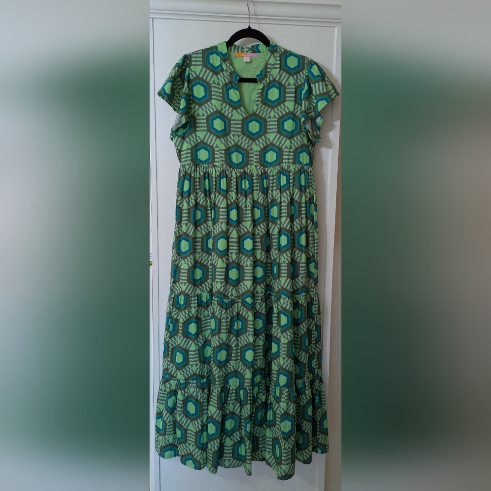 ☘️ NEW 100% Cotton Briton Court Jenny Geo Dress In Limelight, Small - Picture 4 of 10